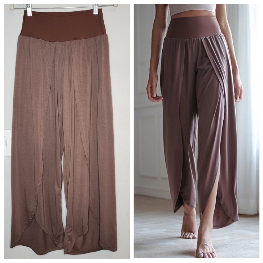 LA NIKAR Natural‎ Slouchy Yoga Pants Split Wide Leg Pullon Brown Size XS/S